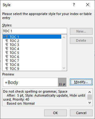 Modify TOC styles dialog box in Microsoft Word.