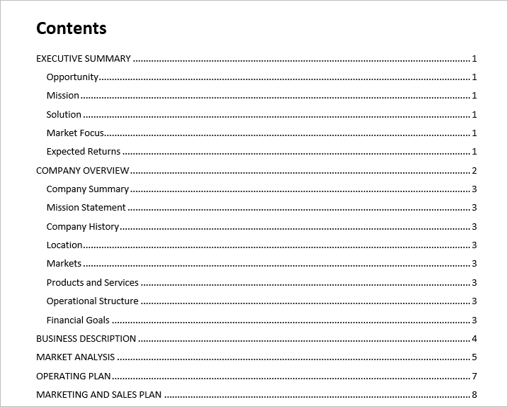 Example of a table of contents in Word with 2 heading levels.
