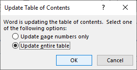 Update table of contents dialog box in Word.
