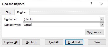 Microsoft Excel Find and Replace dialog box to replace blanks in pivot table.