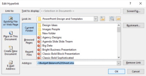 PowerPoint hyperlink dialog box with link to an Excel workbook.