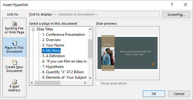 Insert hyperlink dialog box to link to another slide in a PowerPoint presentation.