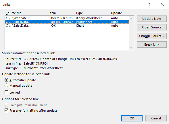 Links dialog box in Microsoft Word with Preserve Formatting selected.