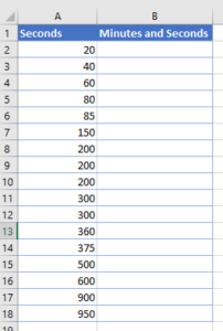 Excel seconds entered in column to convert to minutes and sections.