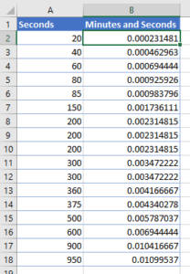 Excel calculation to convert seconds to minutes and seconds.