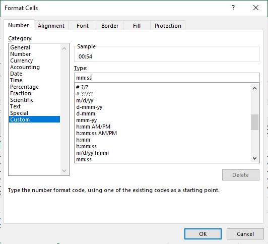 Microsoft Excel Format Cells dialog box with custom time format for minutes and seconds.