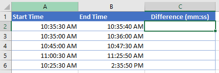 Microsoft Excel worksheet with start times and end times.