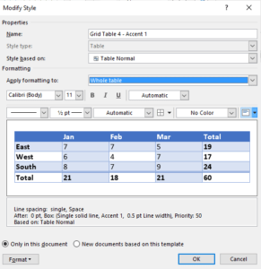 Table style dialog box in Microsoft Word.