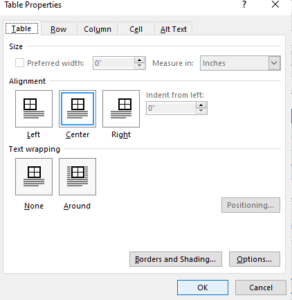Microsoft Word Table Properties dialog box.