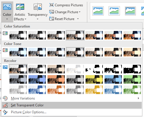 Set Transparent Color command in PowerPoint to remove background.