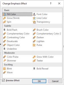 Emphasis animation dialog box in PowerPoint when text is selected.