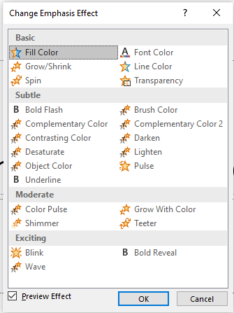 Emphasis animation dialog box in PowerPoint to highlight text.