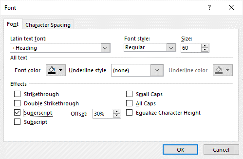 Insert text as superscript or subscript using the Font dialog box in PowerPoint.