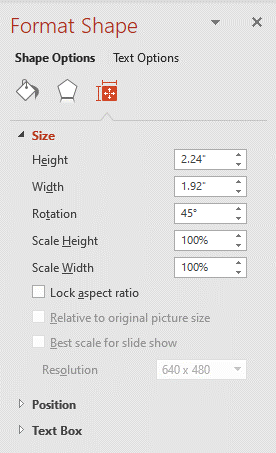 PowerPoint task pane with Rotate box.