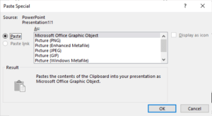 Paste Special dialog box in PowerPoint.