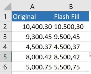 Example worksheet to add comma and decimal separators using Flash Bill.