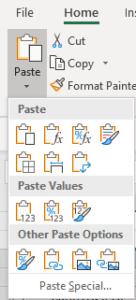 Paste drop-down menu in Microsoft Excel.