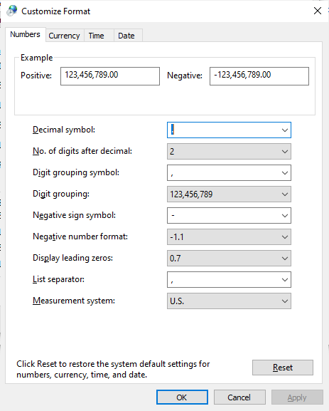 Custom Format dialog box to change separators in Windows.