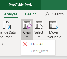Excel Clear All command for a pivot table to delete data.