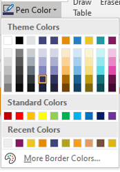 Pen color drop-down menu in PowerPoint to change table cell border color.