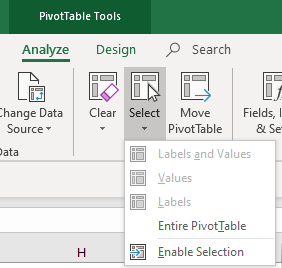 Select drop-down menu in Excel to select an entire pivot table.