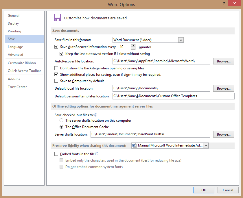 Options dialog box in Microsoft Word for setting template location.