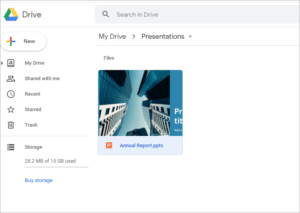 Thumbnail of a PowerPoint presentation that has been dragged into a folder on Google Drive. to convert