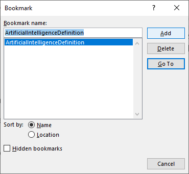 Insert bookmark dialog box in Microsoft Word.