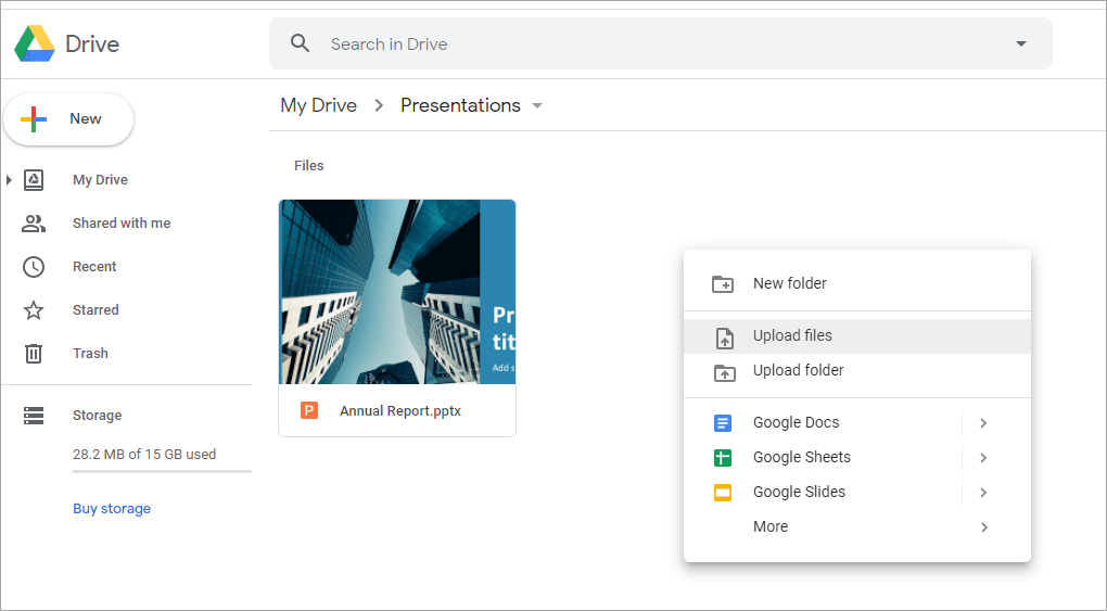 Context menu that appears when you right-click in a folder in Google Drive.