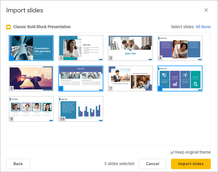 Import slides dialog box in Google Slides with specific PowerPoint slides selected.