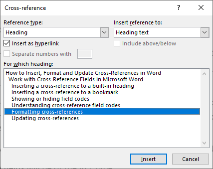 Insert cross-reference dialog box in Microsoft Word to a built-in heading.