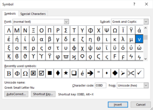 Insert symbol dialog box for entering Greek characters in Microsoft Word.