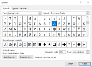 Character code shortcuts for inserting Greek symbols in Microsoft Word.