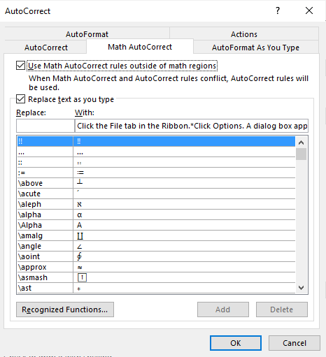 Math AutoCorrect dialog box in Microsoft Word.