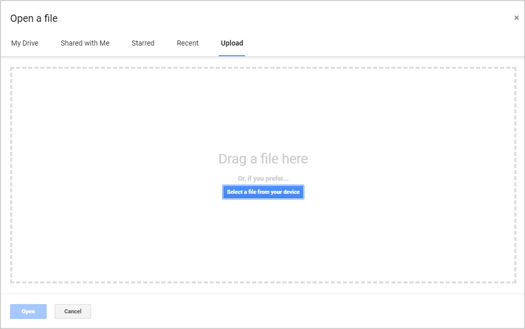 Open dialog box in Google Drive with Upload selected.