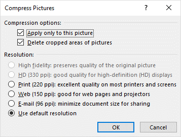 Compress pictures dialog box in Word to compress images and reduce file size.