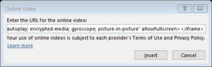 PowerPoint dialog box to insert link or embed code for YouTube video (newer versions).
