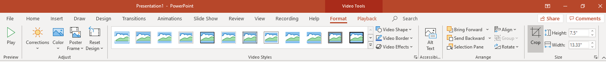 Video Tools Format tab in the Ribbon in PowerPoint.