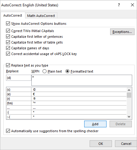 AutoCorrect dialog box in Word to add shortcut for degree symbol.