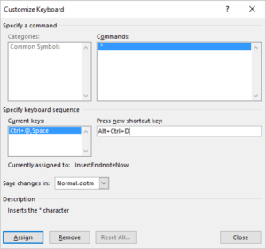 Cusomize keyboard dialog box in Word to add shortcut for degree symbol.