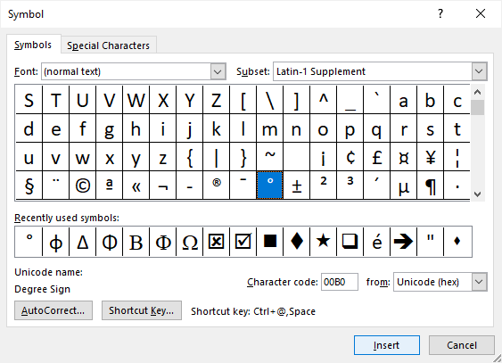 Insert degree symbol in Word using Insert Symbol dialog box.