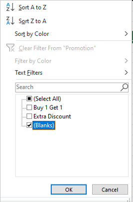 Display blanks using Filter in Excel to remove or delete blank rows.