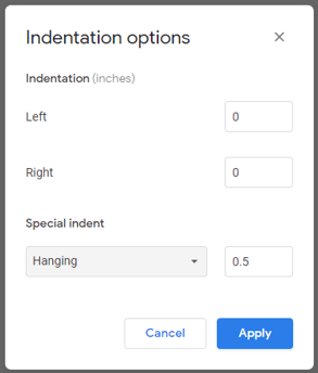 Hanging indent in Google Docs in Indentaiton dialog box.