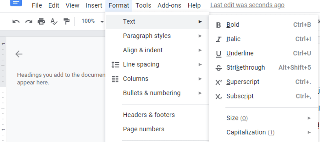 Strikethrough text in Google Docs using Format menu.