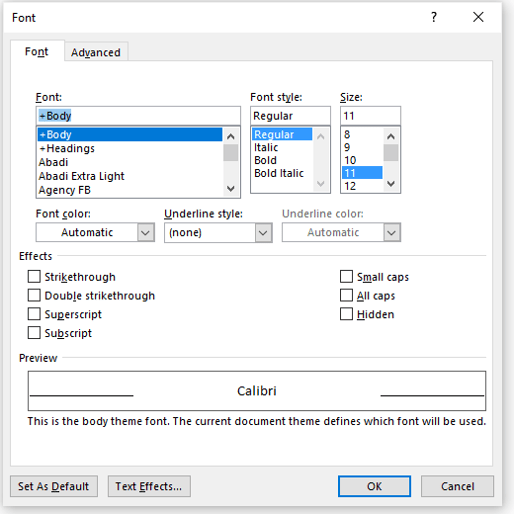 Superscript and subscript commands in the Font dialog box in Word.
