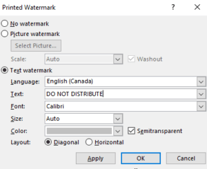Watermark dialog box in Word for text watermarks like draft.