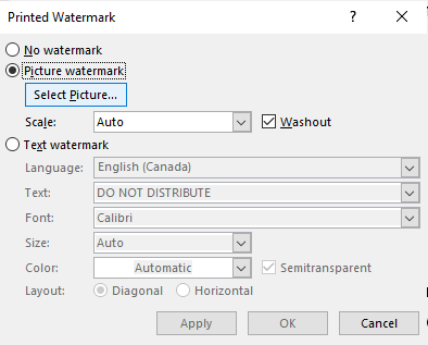 Add picture watermark dialog box in Word.