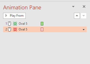 Animation pane in PowePoint with animations to make an object appear and disappear on click.