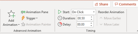 Changing the duration of an animation using the Animations tab in the Ribbon n PowerPoint.