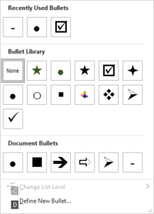 Bullets drop-down menu in Microsoft Word.
